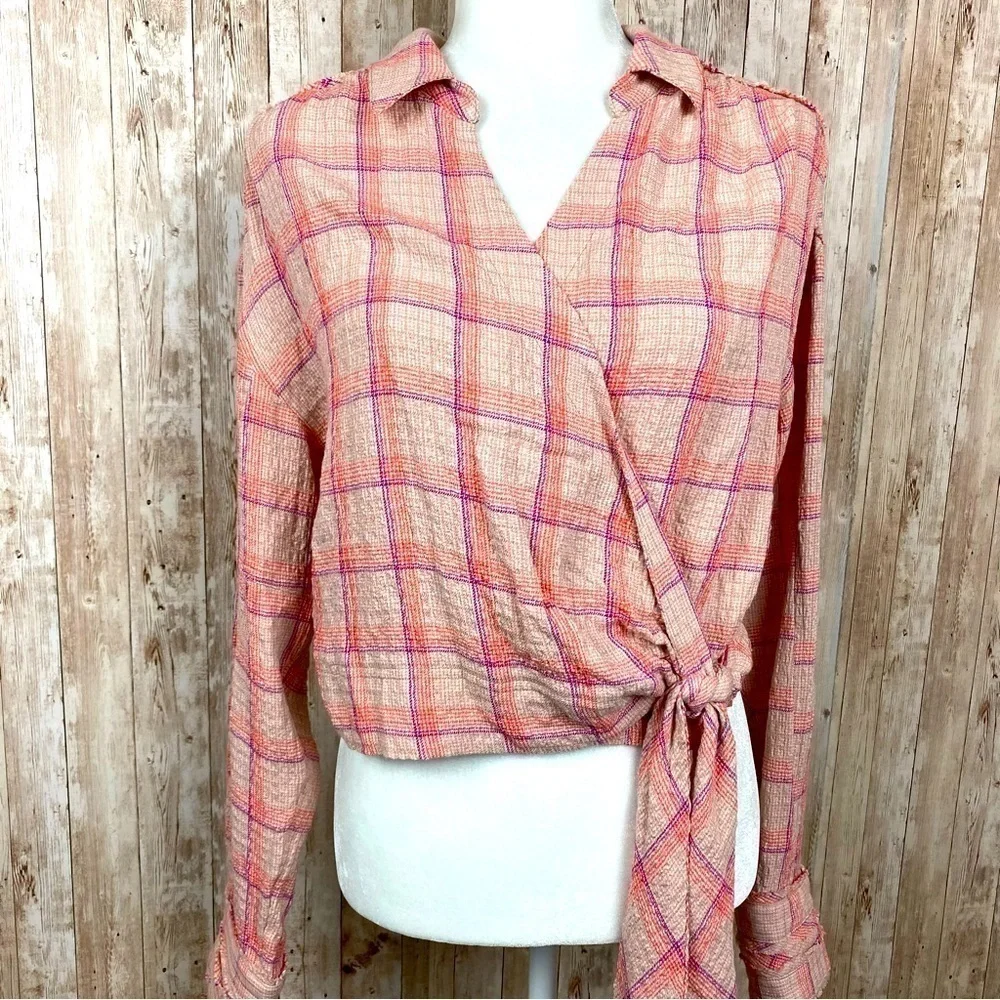 Free‎ People Running Wild Long Sleeve Plaid Wrap Top Size Large Women
